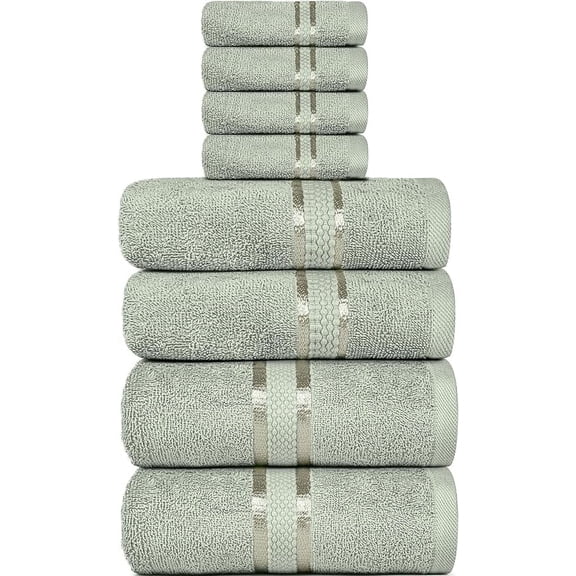 Dewall Maisons Chic Soft Green 8-Piece Premium Cotton Towel Set - Ultra Soft, Quick-Drying, Absorbent - 2 Bath Towels, 2 Hand Towels, 4 Washcloths - Enhance Your Bathing Experience