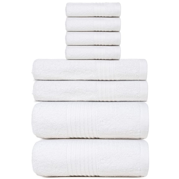Dewall Maisons Elegant White 8-Piece Towel Set - Plush ComFort & Superior Absorbency - 100% Cotton - 2 Bath Towels, 2 Hand Towels, 4 Washcloths - Luxurious Bathroom Essentials
