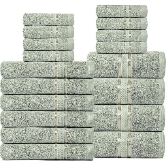 Dewall Maisons Premium 18-Piece Soft Green Towel Set for Complete Bath Experience - Ultra Soft 100% Cotton - Includes 4 Bath Towels, 6 Hand Towels, 8 Washcloths - Ideal for Daily Use