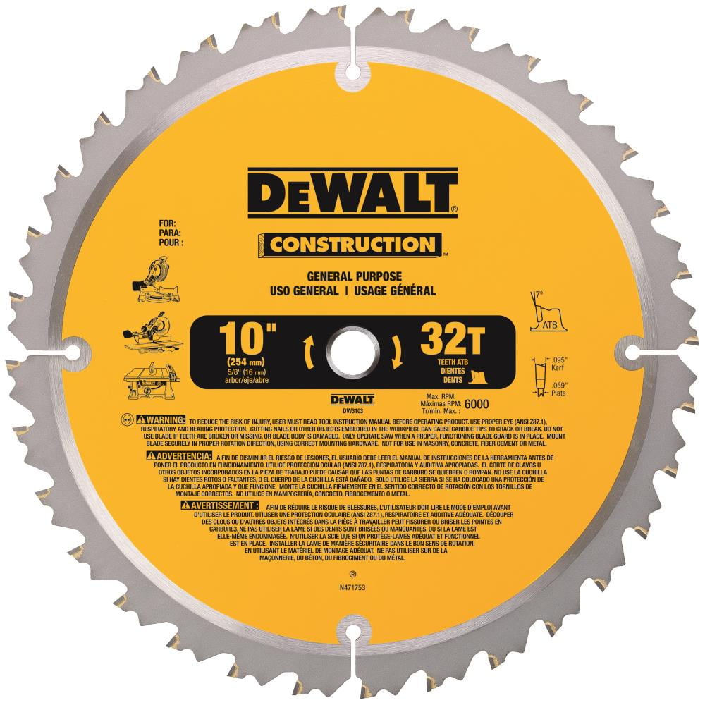 Dewalt 20 Circular Saw Blade, 10in Dia x 0.069in T, 32 Teeth