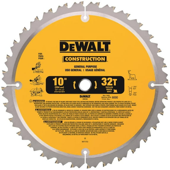 Dewalt 20 Circular Saw Blade, 10in Dia x 0.069in T, 32 Teeth