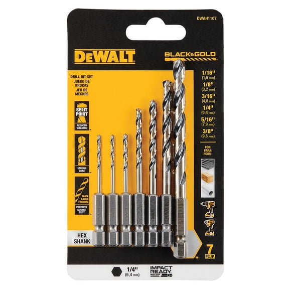 Dewalt Black And Gold Impact Ready Metal Drill Bit Set 7Pc