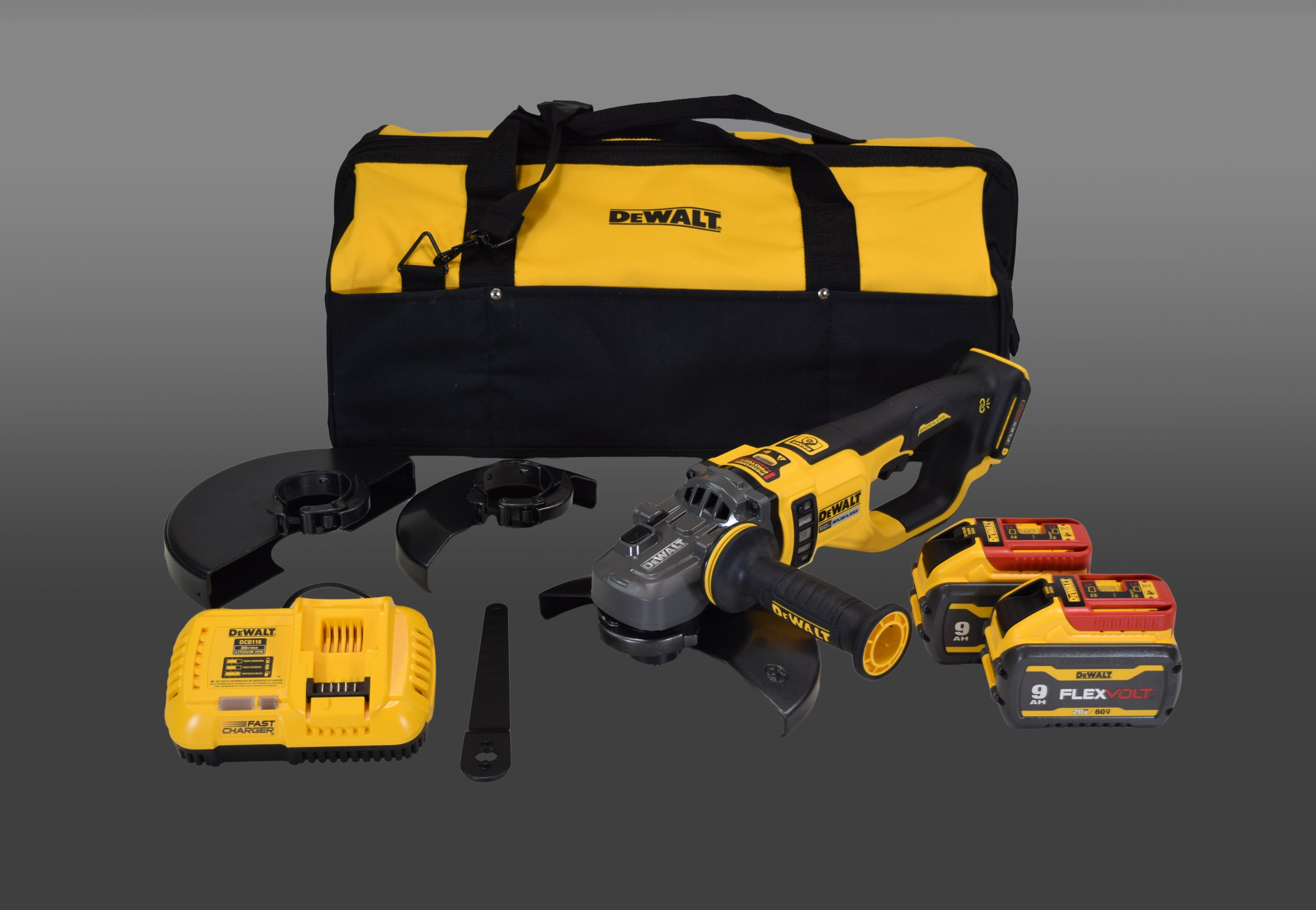 Dewalt DCG460X2 60V MAX Cordless Brushless 7 9 Large Angle Grinder Kit with 2 9Ah Batteries Charger Bag