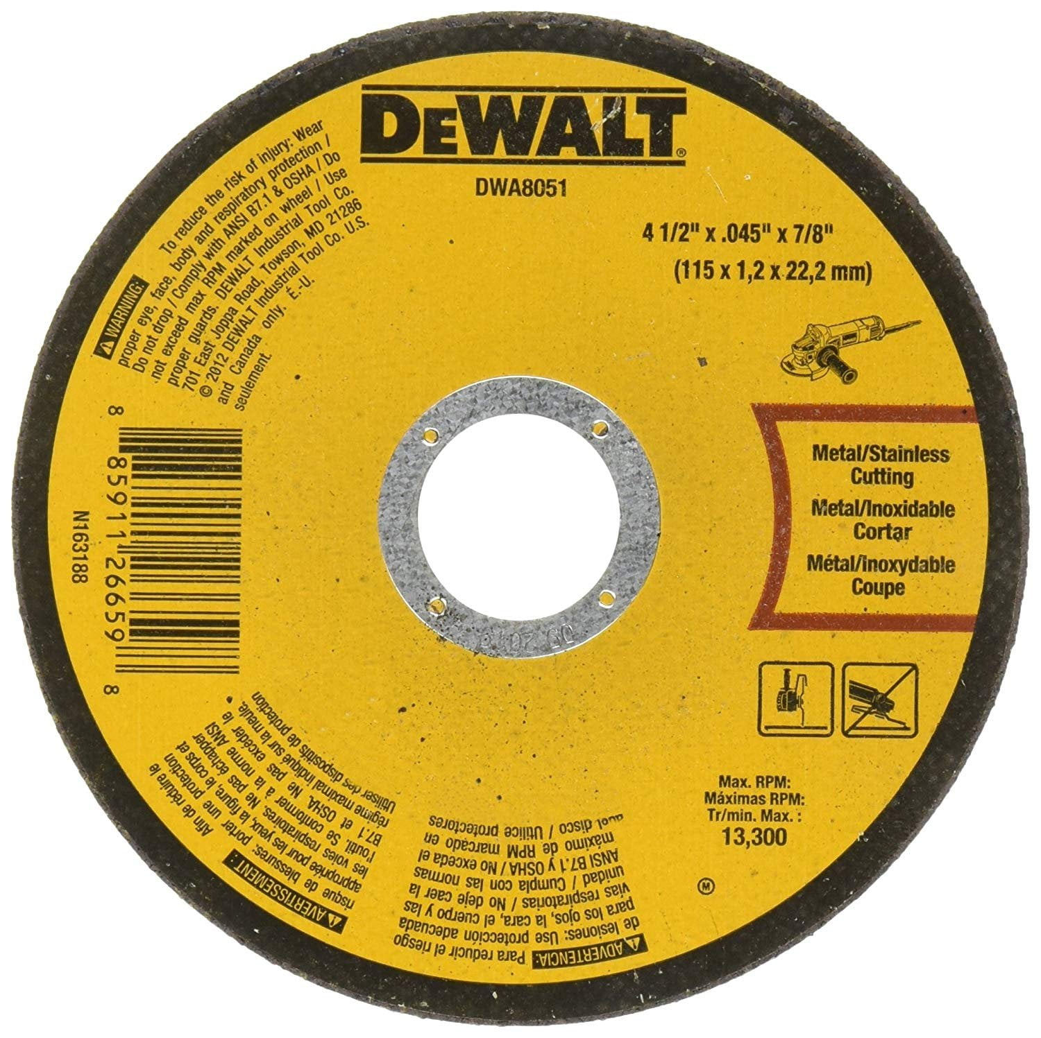 Dewalt DWA8051 Type 1 Small Diameter CutOff Wheel, 41/2 In Dia X 0.