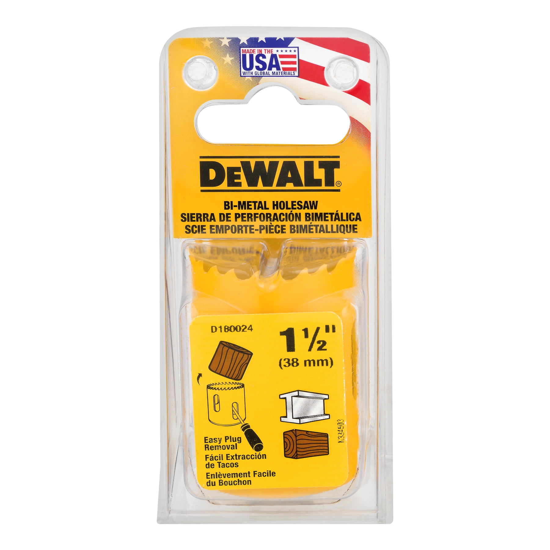 Dewalt Guaranteed Tough D180024 Bi-Metal Hole Saw, 1-1/2in Dia, High Speed Steel