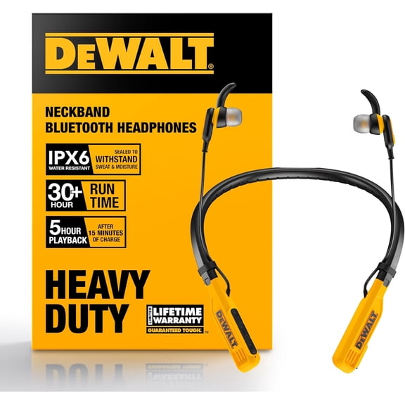 Dewalt Heavy Duty Bluetooth Neckband Headphones, Wireless Around The Neck Earbuds w/ 30H Runtime + Noise Isolation, Secure Magnetic Wireless Earbuds, Jobsite Pro Built-in Mic Bluetooth Headsets