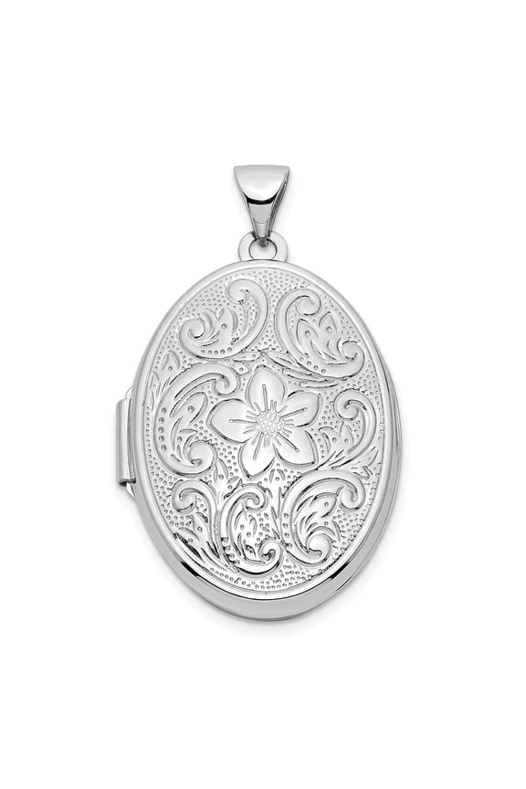 Dewberry 14k Solid White Gold Reversible Swirl Design Floral 26mm Oval Photo Frame Locket Pendant ( Weight : 2.38 GM, Length : 33.3 MM, Width : 19.5 MM )
