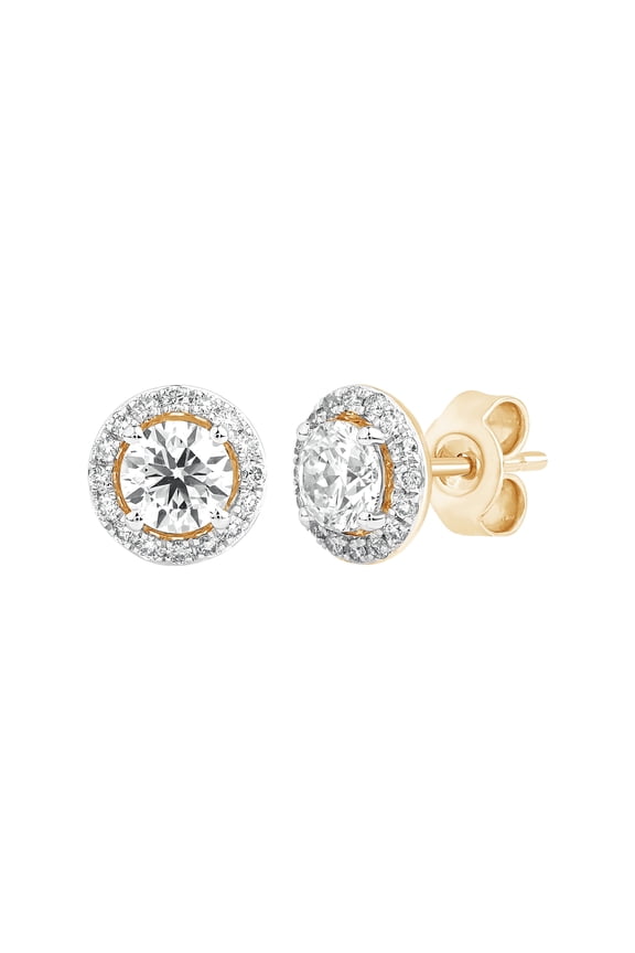 1 1/3 ct Round IGI Certified Lab Grown Diamond Halo Stud Earrings for Women | 14K Yellow Gold Plated 925 Sterling Silver Diamond Push Back Stud (Clarity: VS, Color: FG, 1.30 Ct)