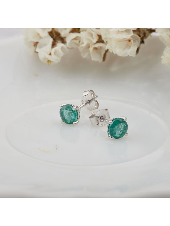 1.50 CT Round Cut Simulated Green Emerald Solitaire Stud Earrings For Women's 14K White Gold Plated 925 Sterling Silver