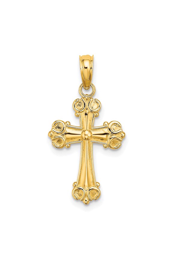 10K Yellow Gold Cross W/ Scroll Tips and Button Center Charm Pendant (Weight : 0.6 gm, Length : 23.1 mm, Width : 12 mm)
