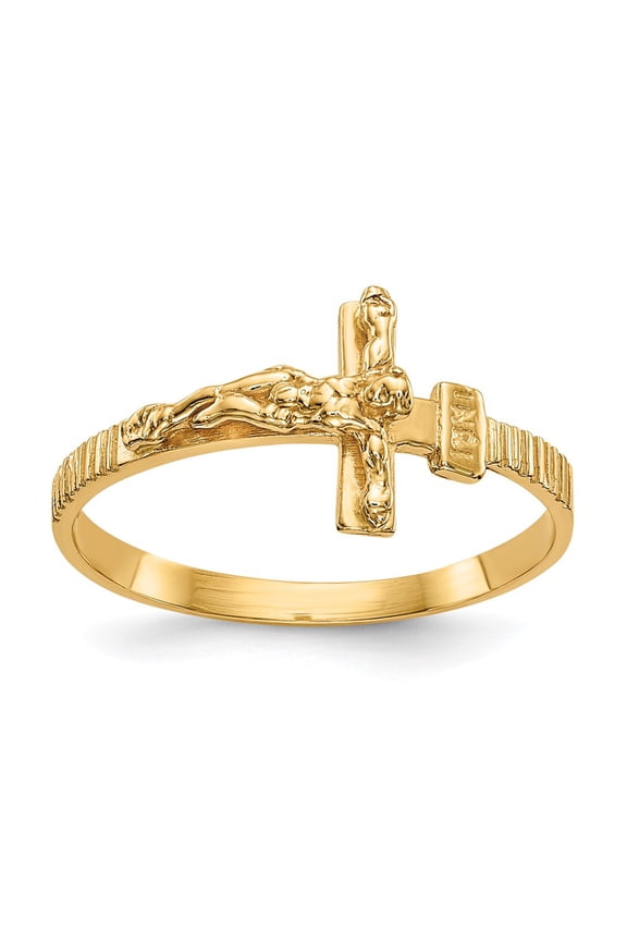 10K Yellow Gold Polished Religious Jesus Cross Ring (Weight : 0.96 gm, Ring Size : 6 )