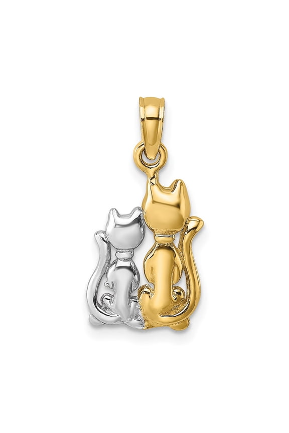 10K Yellow Gold W/ Rhodium Polished Cat and Kitten Charm Pendant (Weight : 0.95 gm, Length : 19.5 mm, Width : 9.8 mm)