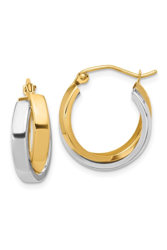 10k Two-tone Gold Polished Double Hoop Earrings (Weight : 1.64 gm, Length : 17.5 mm, Width : 7 mm)