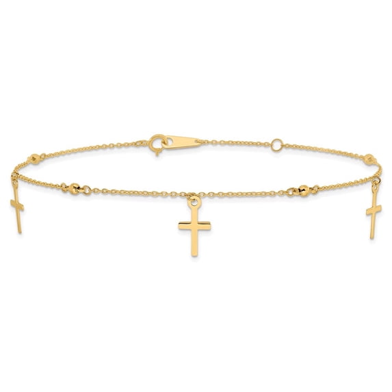 DewberryDiamonds 10k Yellow Gold Polished Cross Dangle and Beads 10 inch Anklet (9" + 1" Extender) (Weight : 1.41 g, Length : 9in, Width : 7 mm)
