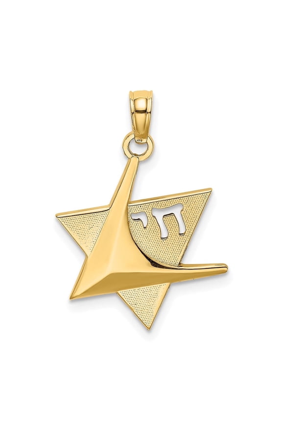 14K Solid Yellow Gold Star Of David W/Chai Charm Pendant