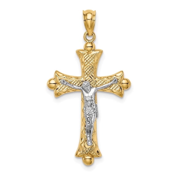 DewberryDiamonds 14K Two-Tone Gold Religious Jesus Florentine Crucifix Cross Pendant Charm (Weight : 1.44 GM, Length : 33 MM, Width : 17 MM)