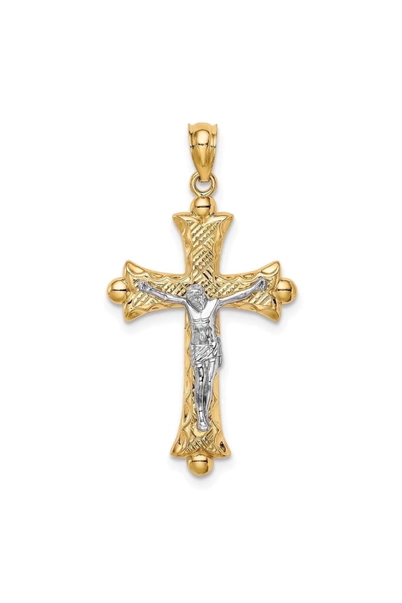 14K Two-Tone Gold Religious Jesus Florentine Crucifix Cross Pendant Charm (Weight : 1.44 g, Length : 33 mm, Width : 17 mm)