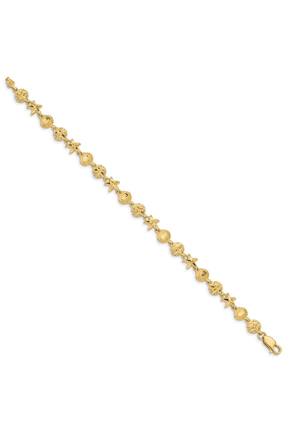 14K Yellow Gold Diamond-cut Starfish/Sand Dollar/Shell 7 inch Bracelet (Weight : 5.3 gm, Length : 7 in, Width : 7 mm)