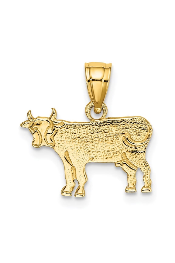 14K Yellow Gold Flat and Textured Cow Charm Pendant (Weight : 0.85 gm, Length : 12.55 mm, Width : 14.6 mm)