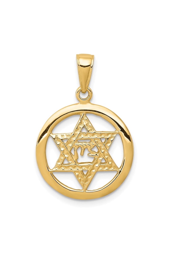 14K Yellow Gold Jewish Chai In Star Of David Pendant Charm (Weight : 1.33 g, Length : 25 mm, Width : 17 mm)