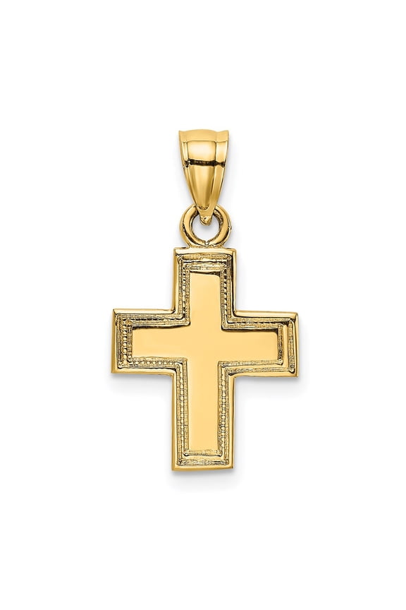 14K Yellow Gold Polished and Textured Cross Pendant Catholic Charm (Weight : 0.8 g, Length : 18.15 mm, Width : 11 mm)