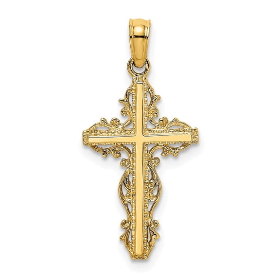 DewberryDiamonds 14K Yellow Gold Stick Cross With Lace Trim Charm Catholic Religious Pendant Jewelry for Women's (Weight : 1.16 g Length : 18.9 mm, Width : 13 mm)