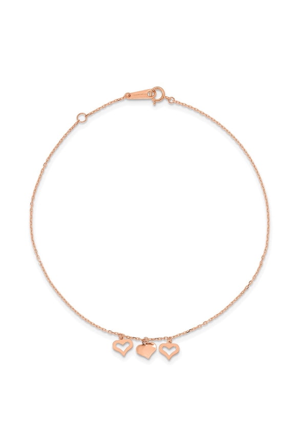 14k Rose Gold 3 Heart Dangles 9 inch Plus 1 inch Extender - Total 10 inch Anklet (Weight : 1.1 g, Length : 9in, Width : 7 mm)