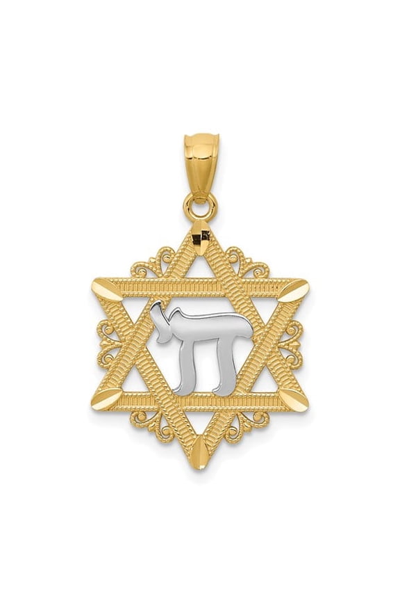 14k Solid Two Tone Gold Star of David Chai Pendant Unisex Charm Symbol Of Life Pendant (Weight : 1.33 g Length :28 mm, Width :18 mm)