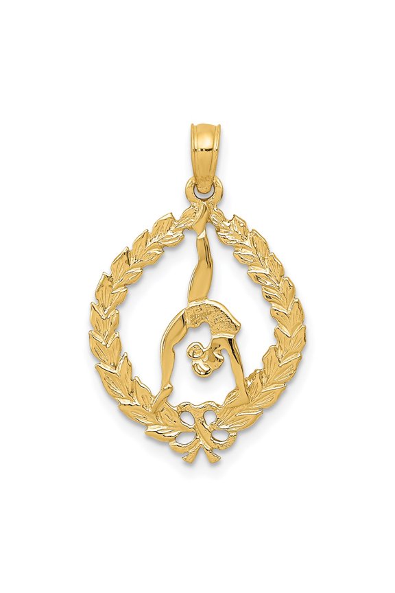 14k Solid Yellow Gold High Polished Framed Gymnast Pendant (Weight : 1.12gm, Length : 23mm, Width : 15mm)