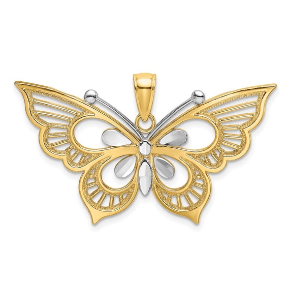 DewberryDiamonds 14k Two-tone Gold Diamond-cut Butterfly Pendant (Weight : 2.19gm, Length : 25.6mm, Width : 37.6mm)
