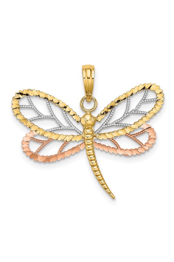 14k Two-tone Gold Dragonfly with Beaded Diamond-cut Wings Pendant (Weight : 1.48gm, Length : 24.6mm, Width : 28.2mm)