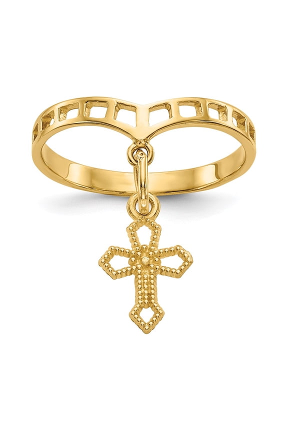 14k Yellow Gold Polished Cross Dangle Charm Ring (Weight : 1.29 gm, Ring Size : 6 )