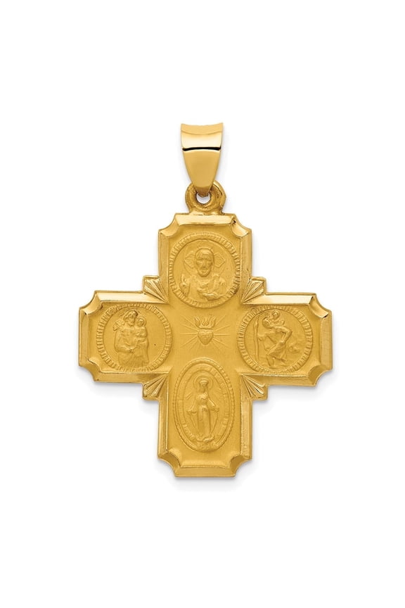 14k Yellow Gold Polished and Satin Hollow Four-Way Religious Medal Pendant (Weight : 1.43 g, Length : 34 mm, Width : 24.5 mm)
