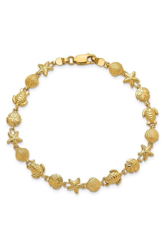 14k Yellow Gold Polished and Textured Sea Life 7 inch Bracelet (Weight : 5.41 gm, Length : 7 in, Width : 7 mm)