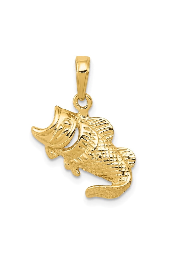 14k Yellow Gold Small Bass Fish Charm Pendant (Weight : 1.51 gm, Length : 16mm, Width : 18 mm)