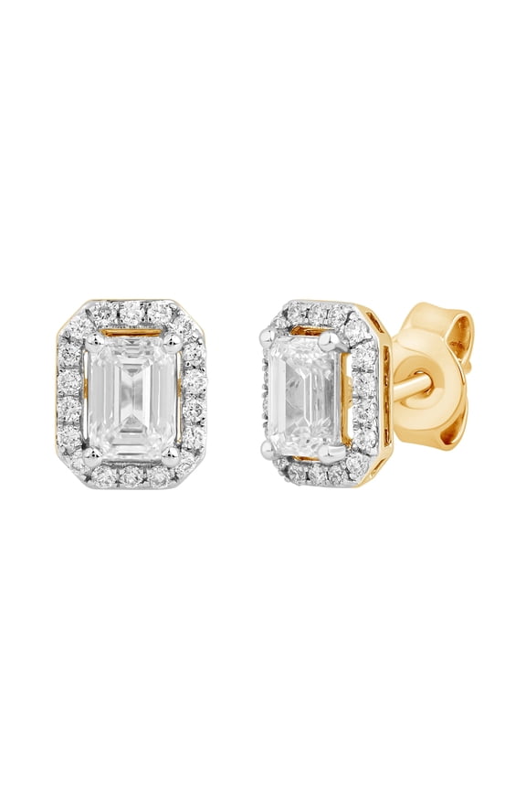 3/4 Cttw Emerald Cut & Round Cut IGI Certified Lab Grown Diamond Halo Stud Earrings for Women | 14k Yellow Gold Plated 925 Sterling Silver Earrings (Clarity: VS, Color: FG, 0.80 Ct)