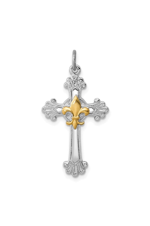 Sterling Silver Platinum-plated & Gold-plated Cross & Fleur de lis Pendant (Weight : 1.58 gm Length : 28mm, Width : 17 mm)