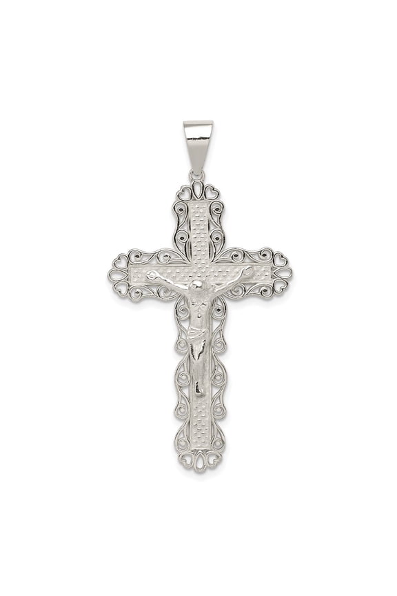 Sterling Silver Polished Filigree Cross Crucifix Pendant (Weight : 3.58 gm, Length : 53.75mm, Width : 27 mm)