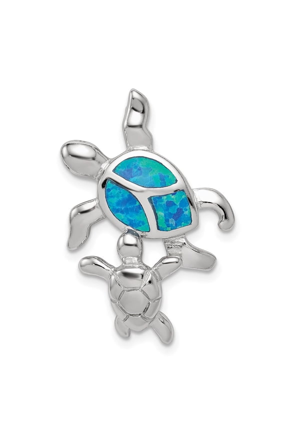 Sterling Silver Rhodium-plated Polished Blue Inlay Created Opal Turtle Slide (Weight : 3 gm, Length : 28mm, Width : 19 mm)
