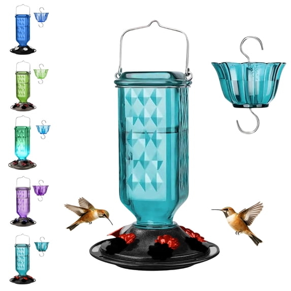 Dewdrop Column Gravity Hummingbird Feeder with Ant Moat, 24 Ounce Capacity, 6 Flexible Lilac Flower Ports, Continuous Perch Ring, Easy-Clean Pewter Plastic Base