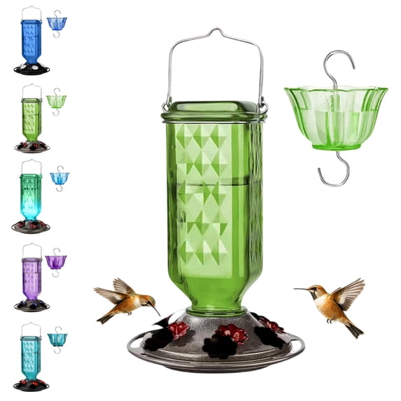 Dewdrop Column Gravity Hummingbird Feeder with Ant Moat, 24 Ounce Capacity, 6 Flexible Lilac Flower Ports, Continuous Perch Ring, Easy-Clean Pewter Plastic Base
