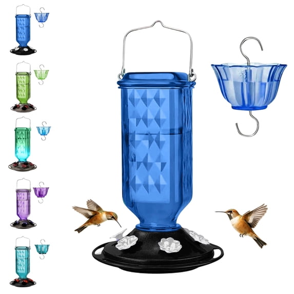 Dewdrop Column Gravity Hummingbird Feeder with Ant Moat, 24 Ounce Capacity, 6 Flexible Lilac Flower Ports, Continuous Perch Ring, Easy-Clean Pewter Plastic Base