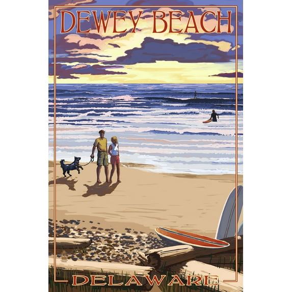 Dewey Beach, Delaware, Beach Scene and Surfers (24x36 Giclee Gallery Art Print, Vivid Textured Wall Decor)