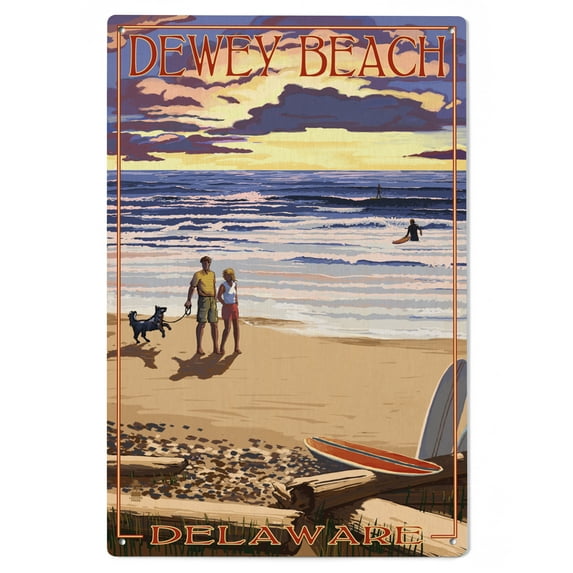 Dewey Beach, Delaware, Beach Scene and Surfers Birch Wood Wall Sign (6x9 Rustic Home Decor, Ready to Hang Art)