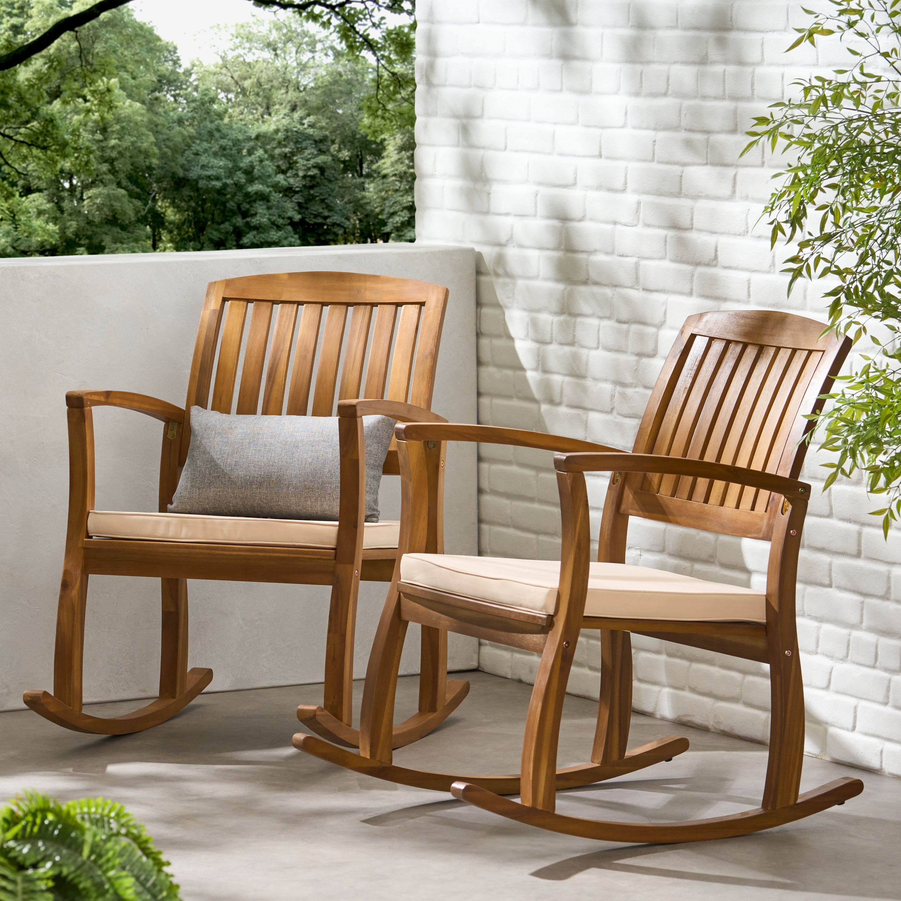 Dewitt Outdoor Acacia Rocking Chair with Cushion Set of 2 Teak Finish White Walmart