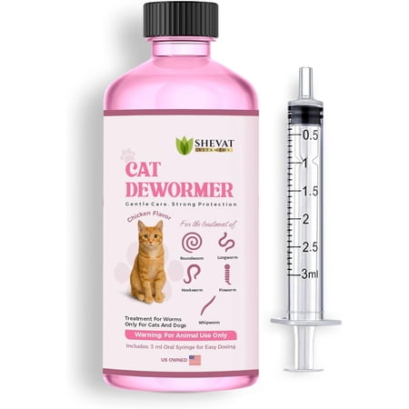 Dewormer for Cats Liquid – Chicken Flavor Cat Dewormer for Cats & Kittens – Oral Formula with Syringe – Tapeworm Care Support – 2 oz (60 ml)