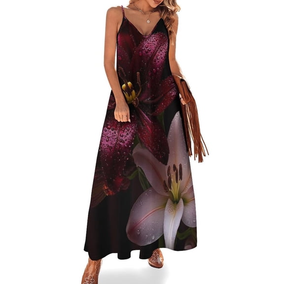 Dewy Lilies Dark Beauty Blooms Sleeveless Suspender Dress Summer Fashion Casual Long Dress