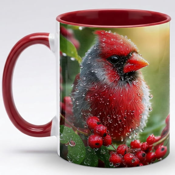 Dewy Red Cardinal Bird Art Ceramic Mug 11oz, Detailed Cardinal with Water Droplets and Red Berries Coffee Cup, Fresh Nature Wildlife Design for Daily Use, Gift for Bird Lovers, Garden