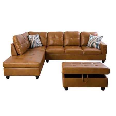 Dex 3 Piece L Sectional Sofa, Ottoman, 2 Throw Pillows, Brown Faux Leather