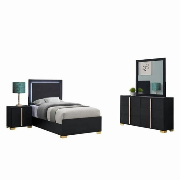 Benjara BM329238 Dex Bedroom Set - Accents - LED Headboard, Black & Gold - Twin Size - 4 Piece